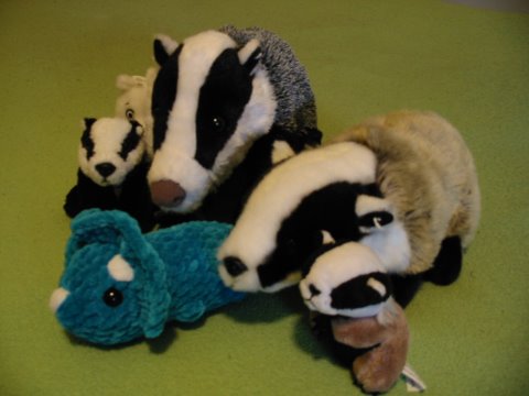 All the badgers together, plus a crocheted triceratops with stubby legs