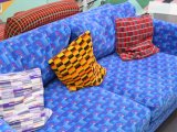 A sofa made from Transport for London moquette