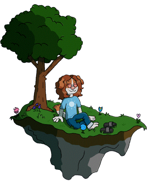 Floating along~ Setter lounging under a tree on a luscious floating island