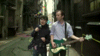 Cousins: Ezra and Chris Baio on the train cart